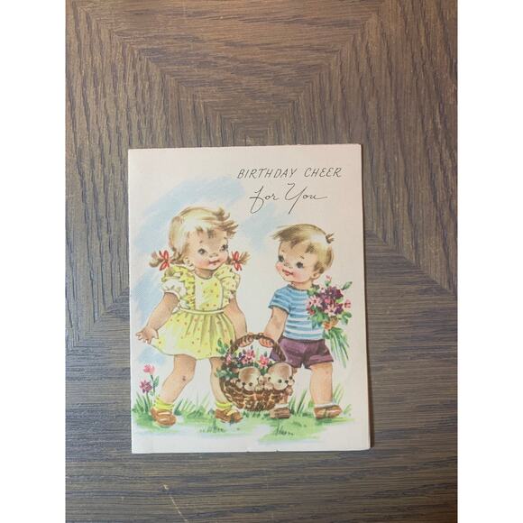 Girl and Boy Carrying a Basket with Puppies, Birthday Cheer For You, 1950s - Picture 1 of 3